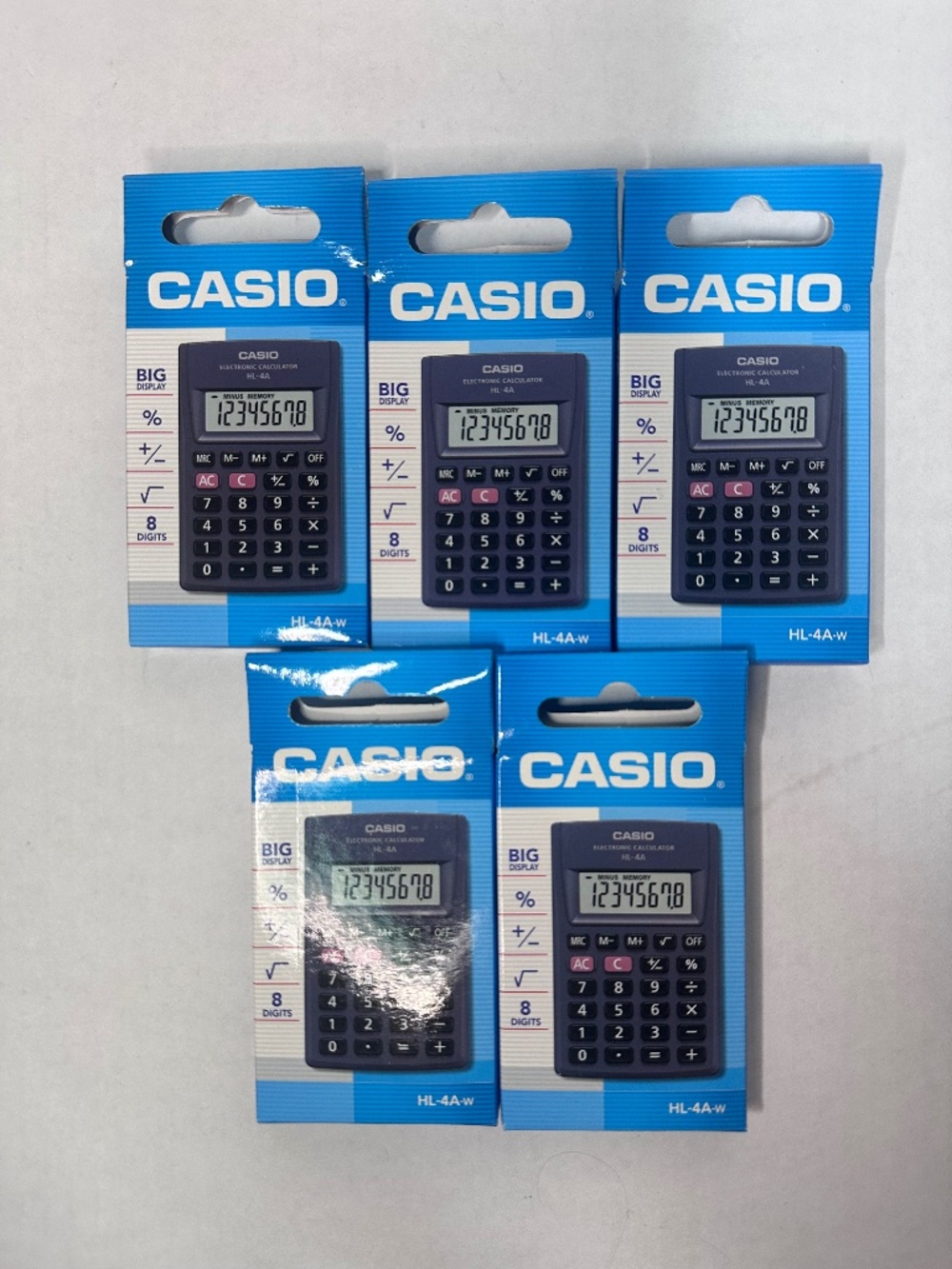 5x Casio HL-4A-W pocket electronic calculators featuring an 8-digit LCD screen